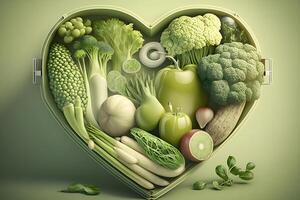 Green vegetables in the shape of a heart. vegan concept. Neural network photo