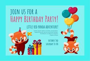 Birthday invitation card with cute red pandas. Ready-made invitation design with balloons, birthday hats and flags. Colorful vector illustration