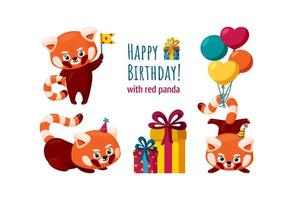 Red pandas ready for a birthday party. Red panda with balloons, birthday hats and flags. Colorful vector illustration