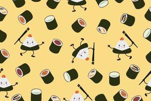 Seamless pattern of sushi and onigiri, illustration of cute and kawaii sushi characters. Vector background. Vector illustration