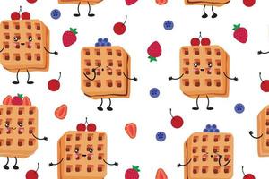 Seamless pattern with waffles and various fillings. Vector illustration of waffles in the style of kawaii, pastries for breakfast, sweet snacks. Vector