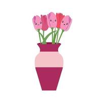 Vase with pink tulips in a vase on a white background. Spring bouquet. Vector