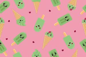 Seamless ice cream matcha pattern. Ice cream on a stick and in a waffle glass. Vector