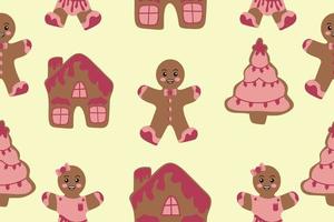 Seamless pattern with ginger cookies on a white background. Vector Christmas illustration