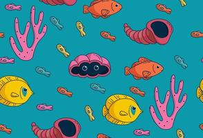 Seamless pattern with butterflyfish, shells and other tropical species. Vector illustration