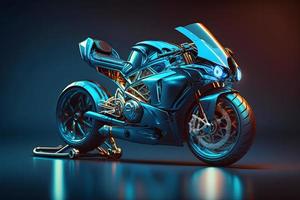 Futuristic custom angled light motorcycle concept with glowing blue tones. Neural network generated art photo