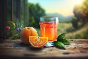 Glass of abstract fruit juice with fresh fruits on wooden table with summer field background. Neural network generated art photo