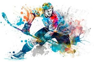 Sportsman playing hockey on watercolor rainbow splash. Neural network generated art photo