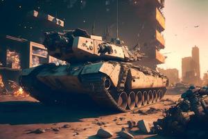 Modern futuristic battle tank with turret and cannon in city center. Neural network generated art photo