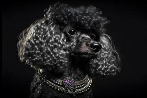 Portrait of a poodle dog on a black background. Neural network photo