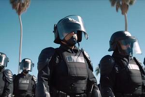 Low angle of anonymous police soldiers in protective uniforms and helmets standing against squad van and defending by riot shields. Neural network photo