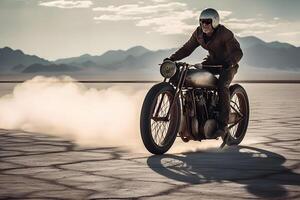 motociclista montando mediante uyuni sal plano desierto. neural red ai generado foto