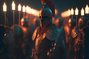 A Roman legion was a large military unit of the Roman army preparing for battle at night. Neural network generated art photo