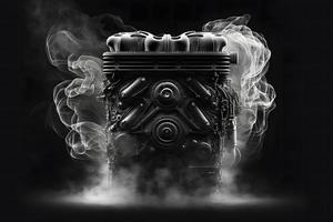 Modern car engine on deep solid black background. Neural network generated art photo