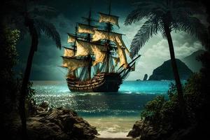 pirata Embarcacion a el abierto mar cerca a rocas y pequeño isla con palmas neural red generado Arte foto
