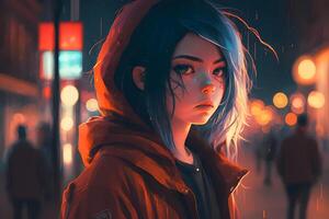 A beautiful cyberpunk girl stands against the backdrop of the night city of the future. Cyberpunk concept. Neural network photo