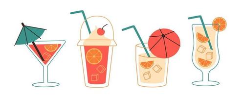 Icy pieces for drink cooling. Set of hand drawn colorful cocktails. Popular drinks in different types of glasses. Vector illustration of summer cocktails.