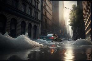 Flood in city center with light sky after heavy rain. Neural network generated art photo