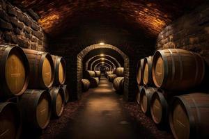 Old Wooden barrels with wine in a wine vault cellar. Neural network generated art photo