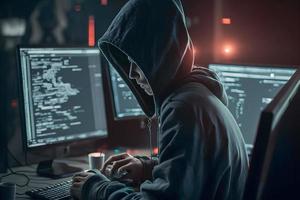 Dangerous Hooded Hacker Breaks into Government Data Servers and Infects Their System with a Virus. Neural network generated art photo