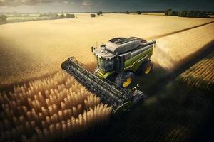 combinar segador cosechas maduro trigo en agricultura campo. neural red generado Arte foto