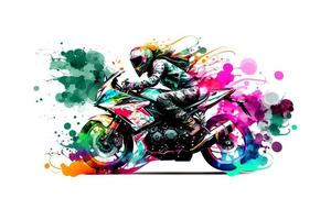 pegatina de motorista en deporte motocicleta en acuarela estilo en blanco antecedentes. neural red generado Arte foto