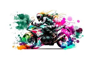 Sticker of Biker on sport motorcycle in watercolor style on white background. Neural network generated art photo