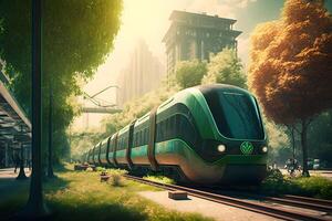 High-speed train rides at high speed in summer around the green summer landscape. Neural network photo