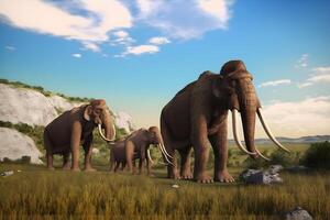 Ancient mammoths walk in the summer among the beautiful landscape. Neural network photo