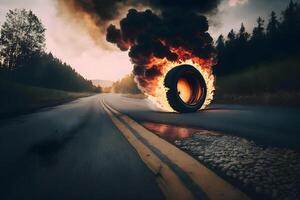 Wheel, tire burning on the track. Neural network photo