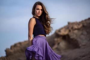 Beautiful fantasy woman in purple clothes. Neural network photo