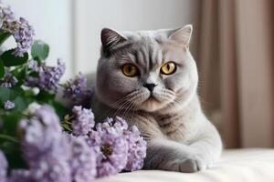 Grey British cat and flowers. Neural network AI generated photo