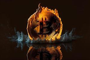 Burning bitcoin on fire flame on black background. Neural network generated art photo