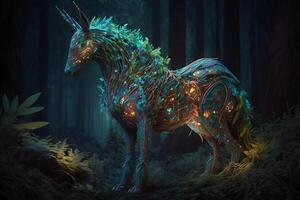 cuento de hadas unicornio en fantasía bosque neural red ai generado foto