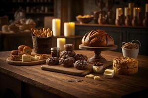 Bakery product assortment with bread loaves, buns, rolls and Danish pastries. Neural network photo