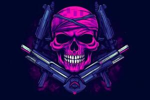 Purple punk cyber human skull with weapon. Neural network photo