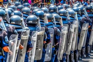 bajo ángulo de anónimo policía soldados en protector uniformes y cascos en pie en contra equipo camioneta y defendiendo por alboroto escudos neural red ai generado foto