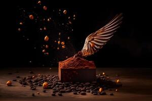 Bird and piece of dark chocolate on cocoa powder. Neural network photo