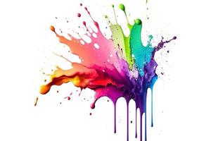 Abstract paint color splatter isolated on white background. Bunch of liquid paint in many colours in splash moment. Neural network generated art photo