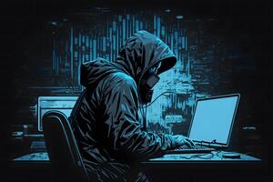 Hacker in a blue hoody standing in front of a code background. Neural network photo