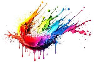 Abstract paint color splatter isolated on white background. Bunch of liquid paint in many colours in splash moment. Neural network generated art photo