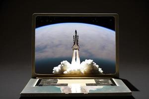 Rocket flies out of the computer, high speed internet, startup concept . Neural network generated art photo