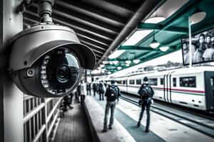 cctv cámara operando en tren estación plataforma. neural red ai generado foto