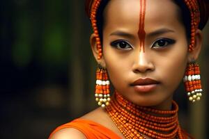 retrato de un hermosa joven tribal mujer. neural red ai generado foto