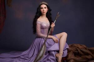 Beautiful fantasy woman in purple clothes. Neural network photo