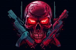 Red punk cyber human skull with weapon. Neural network photo