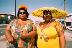 dos más Talla exceso de peso hermanas Gemelos mujer contento y orgulloso de su cuerpos caminando a el playa en verano vacaciones. neural red ai generado foto