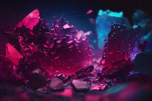 Abstract art background with part of surreal ruby gemstone crystal with prism reflection in fractal triangles structure in purple colors. Neural network photo