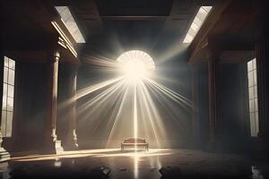 Hall with rays of light for meditation. spiritual temple. Neural network photo