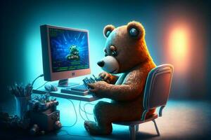 Bear as video game live stream gamer use PC computer for entertainment. Neural network generated art photo